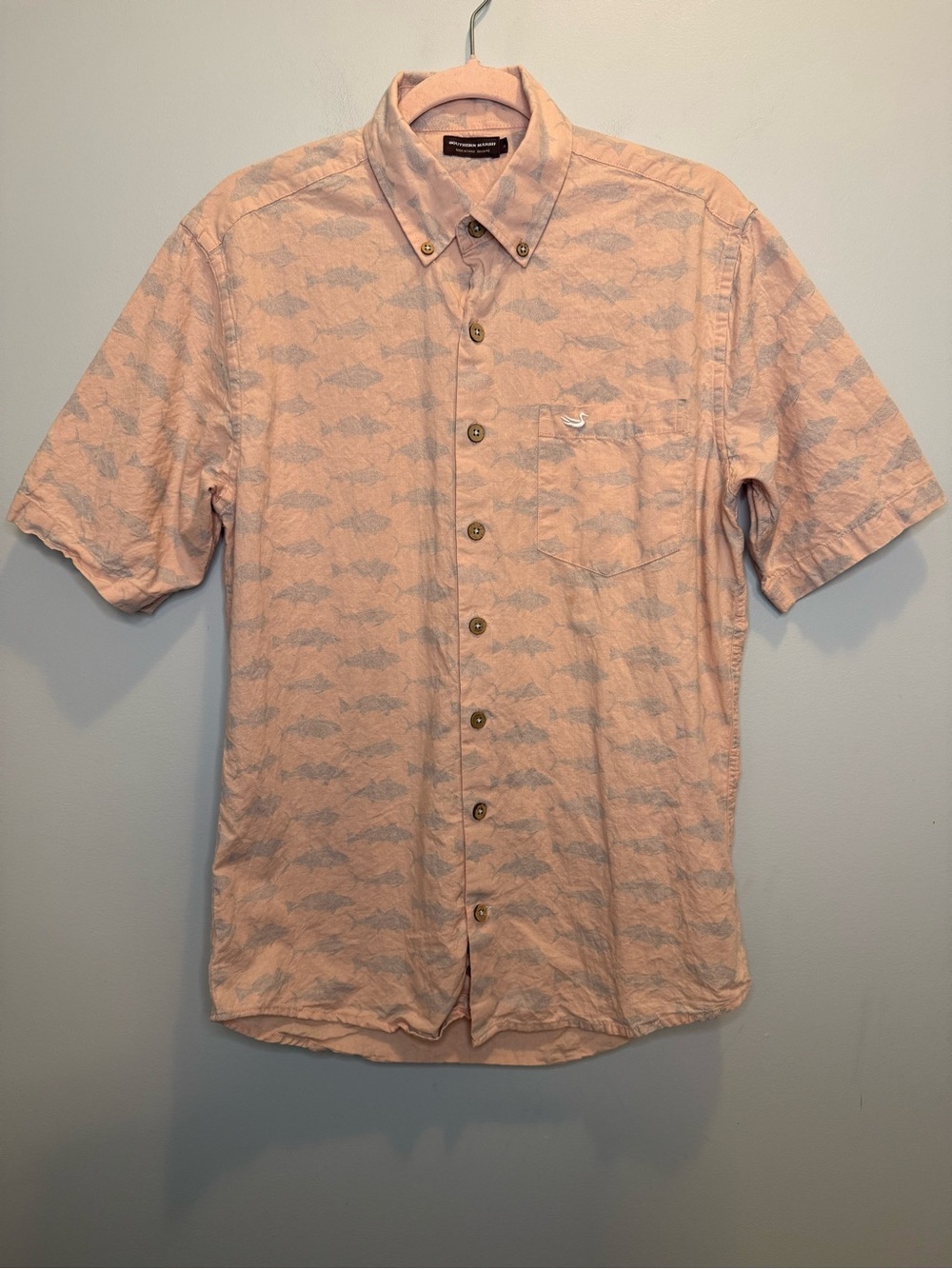 Southern Marsh Small Salmon Pink Pescado Fish Print Linen Blend Button Down Top